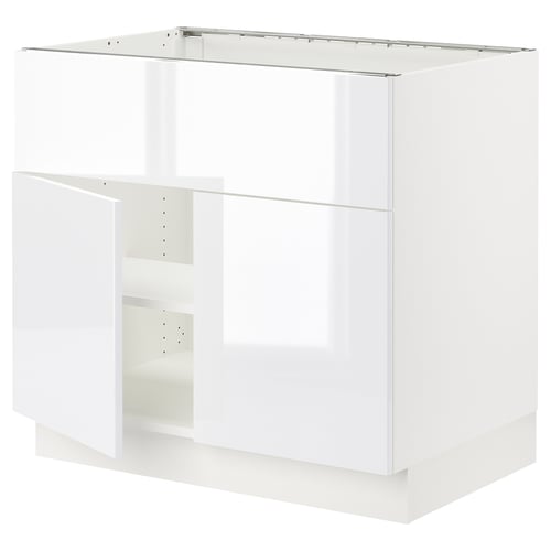 White kitchen cabinet, modern, glossy finish, square shape, two shelves, no doors.