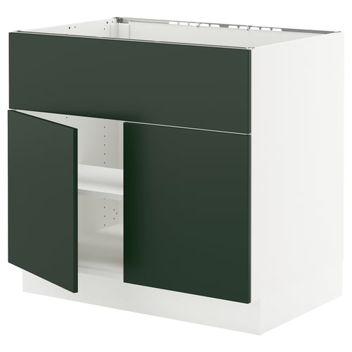 SEKTION kitchen base cabinet in dark green, white interior, 30w with adjustable shelves and soft-closing hinges.