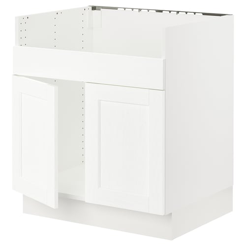 A white ikea SEKTION kitchen base cabinet with a classic design and subtle grain structure. It has two doors with snap-on hinges and a sturdy frame.