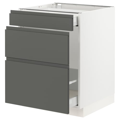 SEKTION kitchen unit in white and dark grey with three grey drawers.