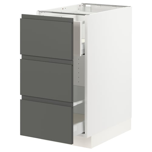 Modern kitchen cabinet, white frame, grey drawers, sleek handles, sturdy design.