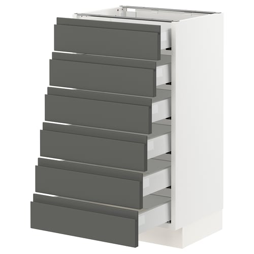 SEKTION kitchen unit, grey, modern, multiple drawers, white base.