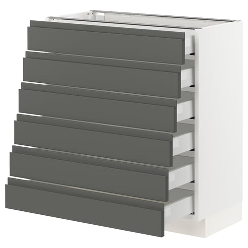 A modern white kitchen cabinet with eight dark grey drawers. The drawers have integrated handles and feature a sleek, contemporary design.