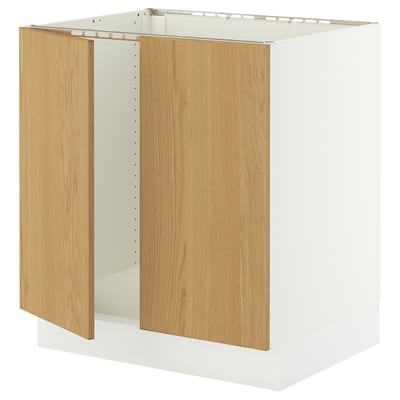 SEKTION Base cabinet for sink + 2 doors, white/Sinarp oak veneer, 76x61x76 cm