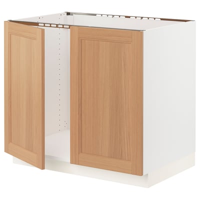 SEKTION Base cabinet for sink + 2 doors, white/Vedhamn oak, 91x61x76 cm