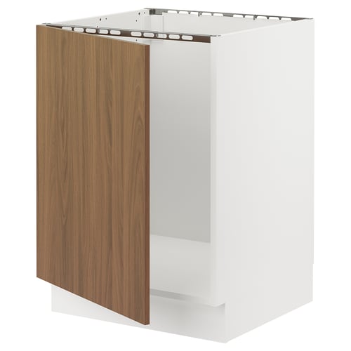Modern white kitchen cabinet with walnut door, smooth design.