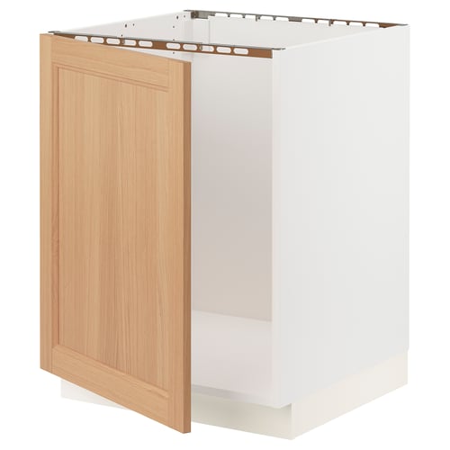 An ikea SEKTION kitchen cabinet with a light oak door and a white base. It a simple, modern design with a flat-paneled door.