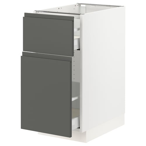 A modern white and grey kitchen cabinet from IKEAs SEKTION series with dark grey drawers.