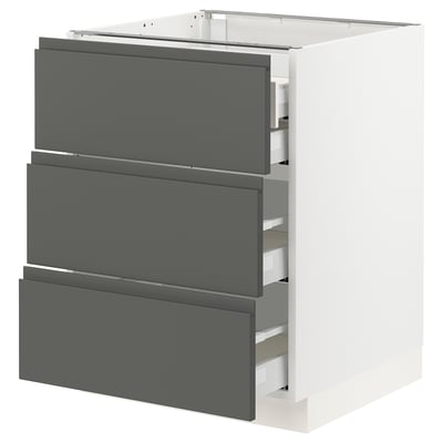 Modern kitchen cabinet in white with three dark grey drawers, sleek handles, sturdy frame, running smoothly, and soft-close feature.