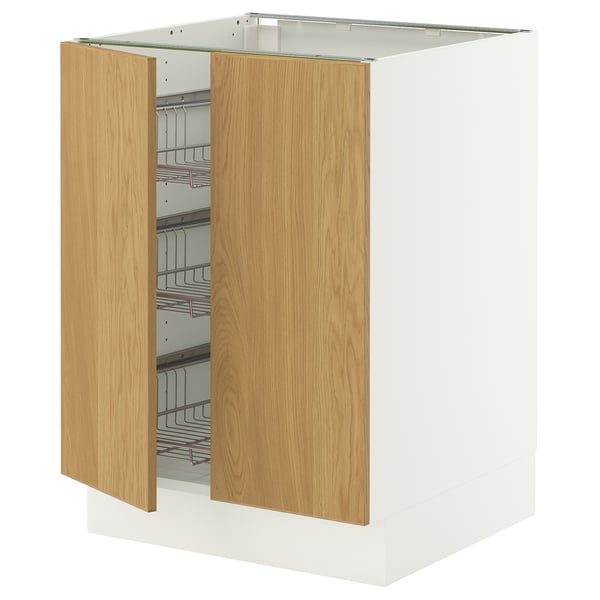 SEKTION Base cabinet w wire basket/2 doors, white/Sinarp oak veneer, 61x61x76 cm