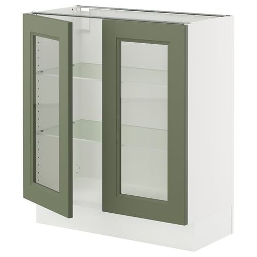 An ikea SEKTION kitchen cabinet with grey-green axstad glass doors. The cabinet is white with two glass doors revealing adjustable shelves inside.