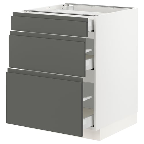 Modern grey kitchen cabinet with three full-extension drawers.