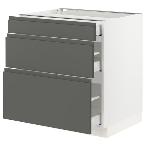Grey SEKTION kitchen with dark drawers and white frame.