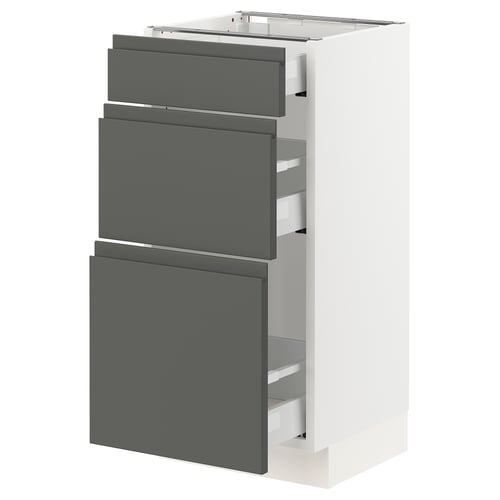 Modern grey and white kitchen cabinet with integrated handles and drawers.