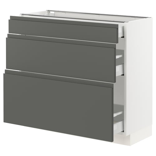 Dark gray ikea SEKTION kitchen cabinet with 3 drawers and sleek, dampened handles.