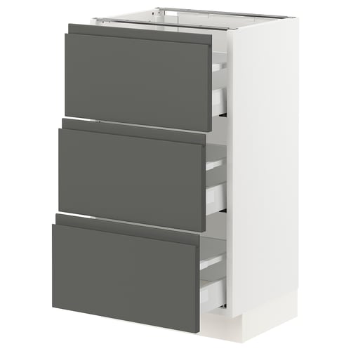 Ikea SEKTION dark gray kitchen cabinet with three drawers.