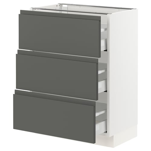 A modern kitchen cabinet named SEKTION with three dark grey voxtorp drawers featuring integrated handles.