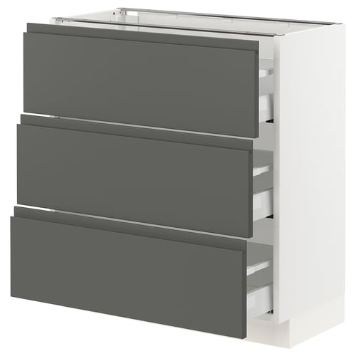 Modern grey ikea SEKTION kitchen unit with three drawers and white interior.