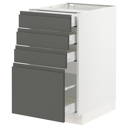 Modern grey kitchen cabinet with five drawers and white frame.