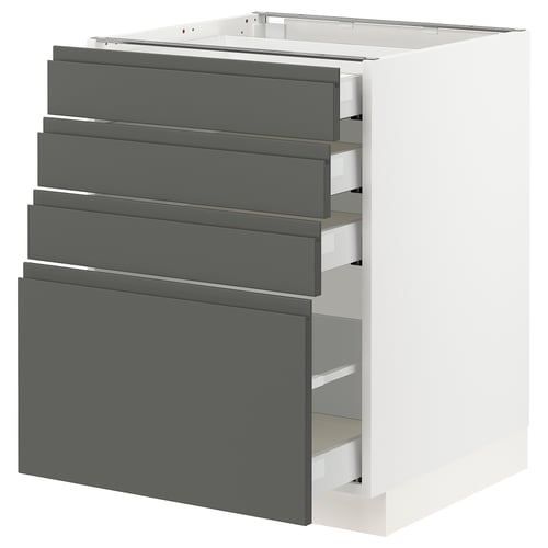 A modern, white SEKTION kitchen cabinet with dark grey velvet drawers featuring integrated handles.