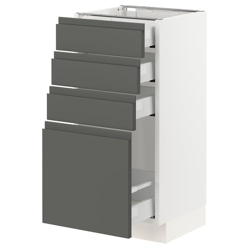 Modern, white kitchen cabinet with five grey drawers, featuring a sleek, integrated handle design.