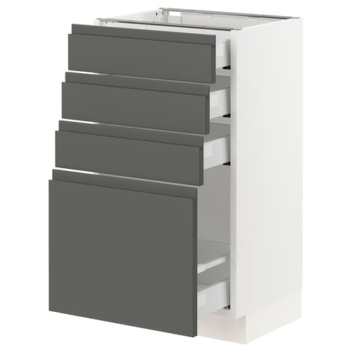 A modern grey and white SEKTION kitchen unit with multiple drawers and a cabinet.