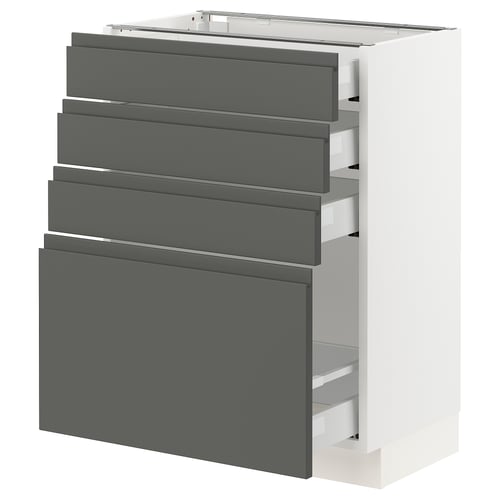 An ikea SEKTION white base kitchen cabinet with five grey drawers, modern design with integrated handles.