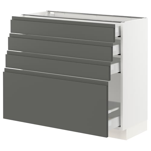 SEKTION kitchen unit, grey drawers, modern design, four drawers, white frame.