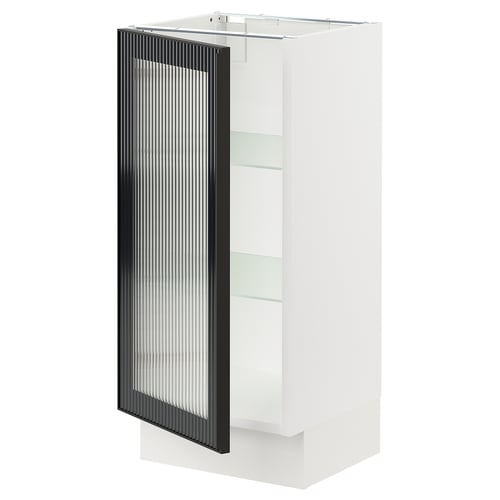 Modern white kitchen cabinet with black textured glass door.