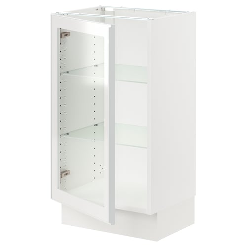 Ikea SEKTION white kitchen cabinet, glass shelves, metal frame.