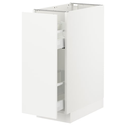 SEKTION kitchen cabinet with pull-out drawers, sleek modern design, multiple shelves, recycled/sturdy materials.