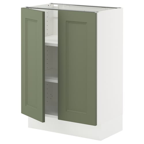 This image shows a SEKTION kitchen cabinet with grey-green axstad doors, featuring two adjustable shelves and a soft-close hinge.