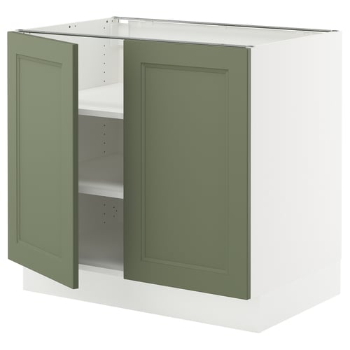 SEKTION kitchen cabinet with grey-green doors, white base, adjustable shelves, sleek modern design.