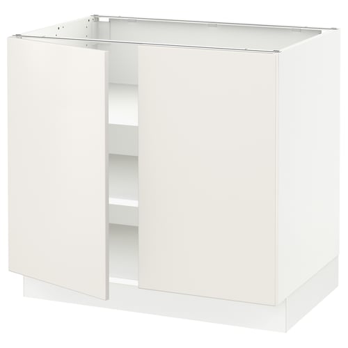 A SEKTION white kitchen cabinet without doors, highlighting its open shelving feature and sturdy frame construction.