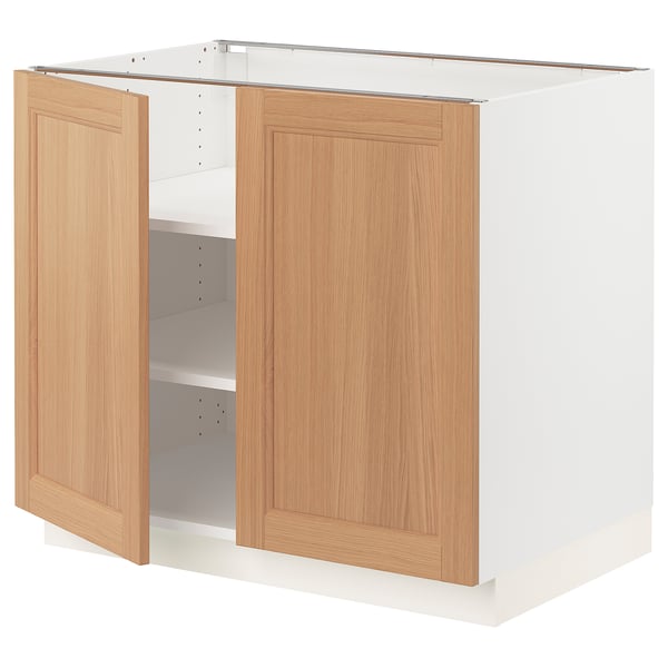 SEKTION Base cabinet with shelves/2 doors, white/Vedhamn oak, 91x61x76 cm