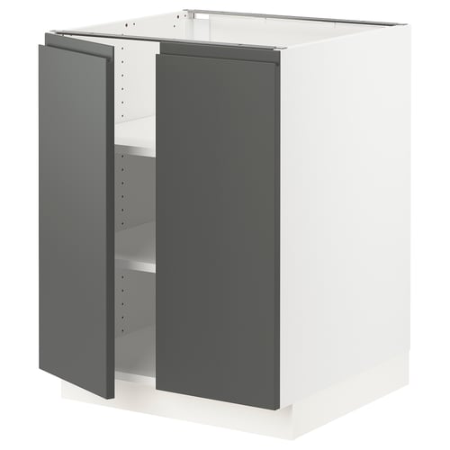 Modern grey kitchen cabinet with white interior, snap hinges, adjustable shelves.