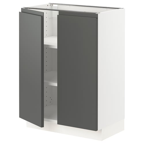 Modern grey ikea kitchen cabinet with open doors, adjustable shelves, and dark grey finish.