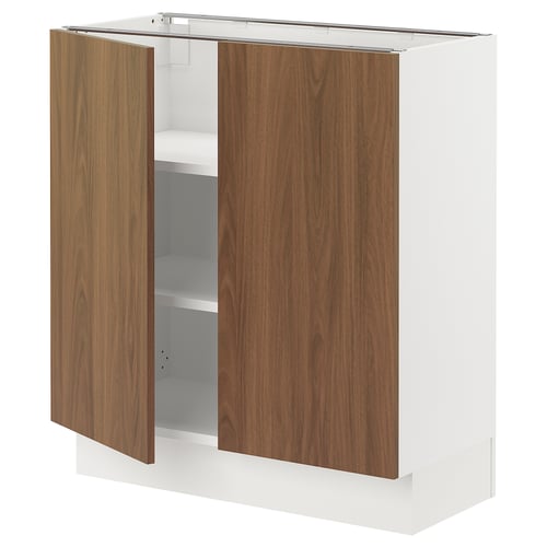 Open kitchen cabinet, white frame, dark wood doors. Two doors, three shelves, modern design.
