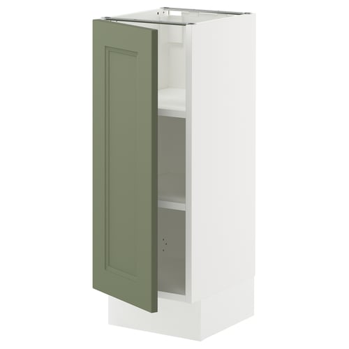 SEKTION kitchen cabinet with green door, white base, adjustable shelves.