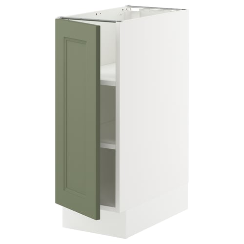 White SEKTION kitchen cabinet with sage green door.