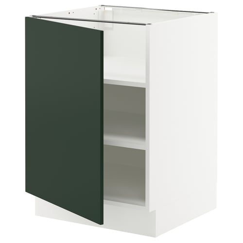Modern kitchen cabinet with green door and white frame.