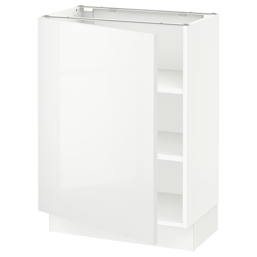 Depicts a white, glossy modern kitchen cabinet unit with two shelves and no doors.