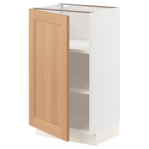 White cabinet with oak door, adjustable shelves, nickel hinges.
