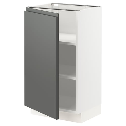 Modern grey kitchen cabinet with white interior, adjustable shelves, and soft-close hinges.