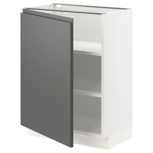 An a modern white SEKTION kitchen cabinet with a dark grey door and adjustable shelves.