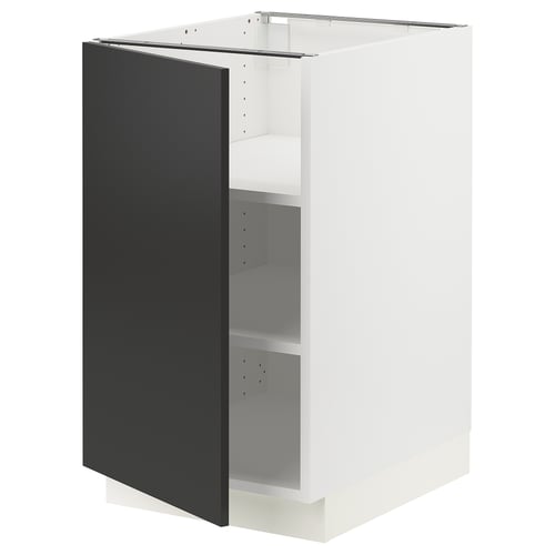Modern kitchen cabinet, white with black door, two shelves, sleek design.