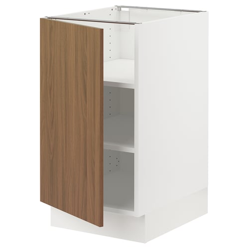 A modern white SEKTION kitchen cabinet with a wooden door open. It adjustable shelves and a sleek design.