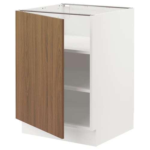 White cabinet with walnut door, right-hinged, open, adjustable shelves.