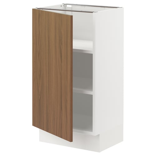 White SEKTION kitchen cabinet with walnut door, adjustable shelves, smooth surface.