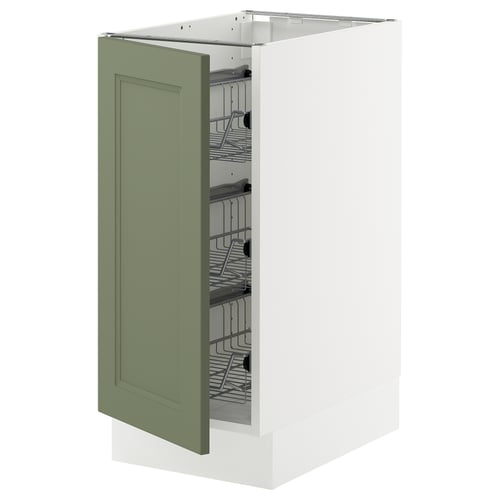 An open SEKTION kitchen cabinet in white with a green axstad door. It has wire storage baskets inside.